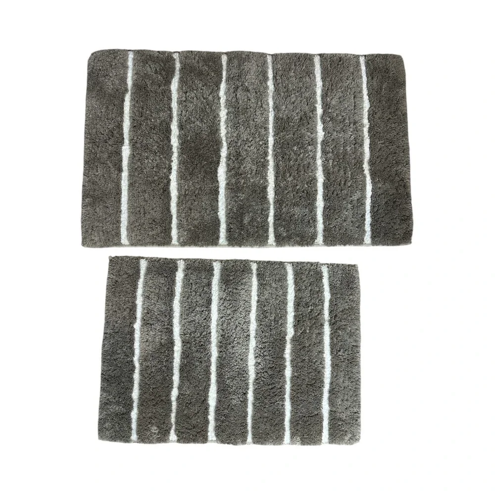 Gray and White Striped Bath Mat Set of 2 Plush Shaggy Non-Slip Rectangular Rugs
